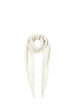 Soft white knitted scarf folded with pointed ends hanging down, displayed on a plain white background.