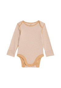 Långärmad bodysuit i ljusbeige med tan horisontella ränder, med rund halsringning och tryckknappar i botten för enkel påklädning.