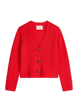 Rote gerippte Strickjacke mit V-Ausschnitt, geknöpftem Vorderteil und langen Ärmeln. Verfügt über drei dunkle Knöpfe und eine verkürzte Silhouette.