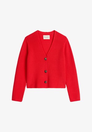 Cardigan rosso a coste con scollatura a V, chiusura con bottoni e maniche lunghe. Presenta tre bottoni scuri e una silhouette corta.