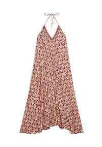 Vestido maxi de tirantes con cuello halter en tela de color amarillo claro, con un patrón floral en púrpura y rosa, que presenta un diseño fluido y una cintura fruncida.