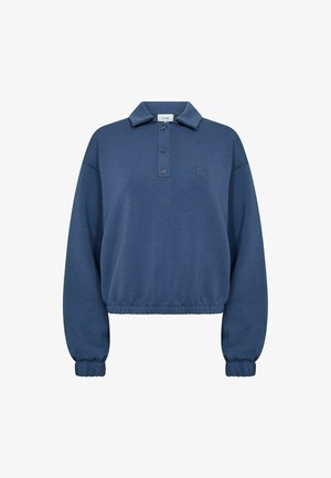 Sötétkék, rövidített póló pulóver gombos nyakkal, bordázott mandzsettákkal és hímzett logóval. Puha, könnyű anyagból készült.