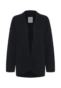 Schwarzer, gerippter Strick-Cardigan mit offener Front, langen Ärmeln und leicht abgerundetem Saum, präsentiert auf weißem Hintergrund.