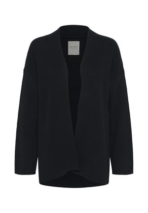 Crna rebrasta pletena cardigan jakna otvorenog prednjeg dijela s dugim rukavima i blagim zaobljenim rubom, prikazana na bijeloj pozadini.