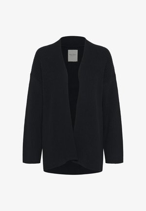 Crna rebrasta pletena cardigan jakna otvorenog prednjeg dijela s dugim rukavima i blagim zaobljenim rubom, prikazana na bijeloj pozadini.