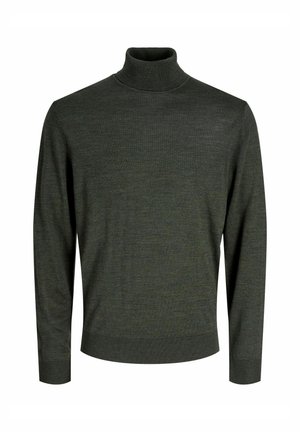 Dunkelgrüner Rollkragenpullover aus einem weichen Strickstoff. Mit langen Ärmeln sowie einem gerippten Saum und Kragen. Einfaches, tailliertes Design.