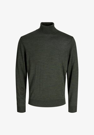 Dunkelgrüner Rollkragenpullover aus einem weichen Strickstoff. Mit langen Ärmeln sowie einem gerippten Saum und Kragen. Einfaches, tailliertes Design.