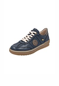 Navy blue leather sneaker with contrasting beige sole, textured accents, round toe, and metallic eyelets. Features an embossed logo on the side.