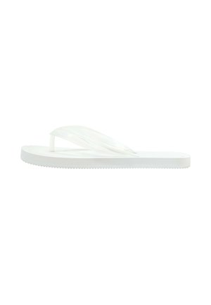 Weiße klassische Flip-Flop-Sandale mit dicker, strukturierter Sohle und transparentem Y-förmigem Riemen auf weißem Hintergrund.