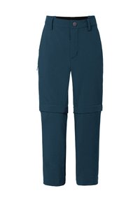 Pantalons navy en tissu léger avec fermeture à bouton, poches latérales et poignets ajustables pour un port convertible.