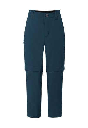Pantalons navy en tissu léger avec fermeture à bouton, poches latérales et poignets ajustables pour un port convertible.