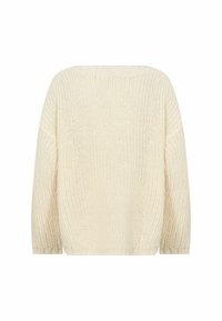 Maglione a maglia beige chiaro con un design morbido, ampia scollatura a barca e polsini a coste. Il motivo a maglia testurizzato e spesso aggiunge profondità.