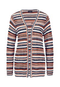 Gestreepte cardigan met een open voorkant, featuring marineblauwe, oranje en witte kleuren. Getextureerde brei-voering met lange mouwen en zonder knopen.
