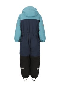 Kallvädersoverall i blått och marinblått, tillverkad av vattentåligt material. Har en huva, elastisk midja och reflexdetaljer.