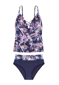 Top da bagno con stampa floreale, caratterizzato da spalline incrociate e dettaglio a forma di chiave, abbinato a slip navy solidi con una vita decorata.