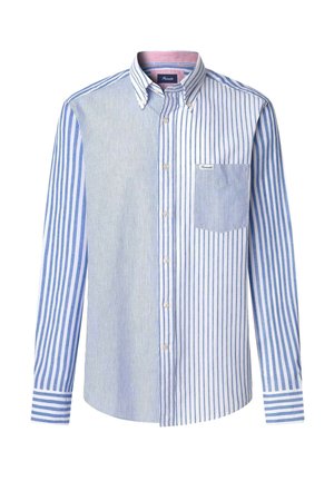Button-up shirt featuring vertical stripes in light blue and white. Has a chest pocket and contrasting pink inner collar. Cotton material.