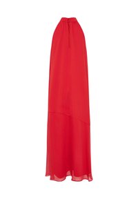 Robe longue rouge sans manches avec col montant et détail en forme de trou de serrure dans le dos, tissu fluide et ourlet asymétrique.