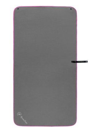 Gray mat with pink border and rounded edges. Features a fabric texture and a small black tag attached on one side. Size is rectangular.