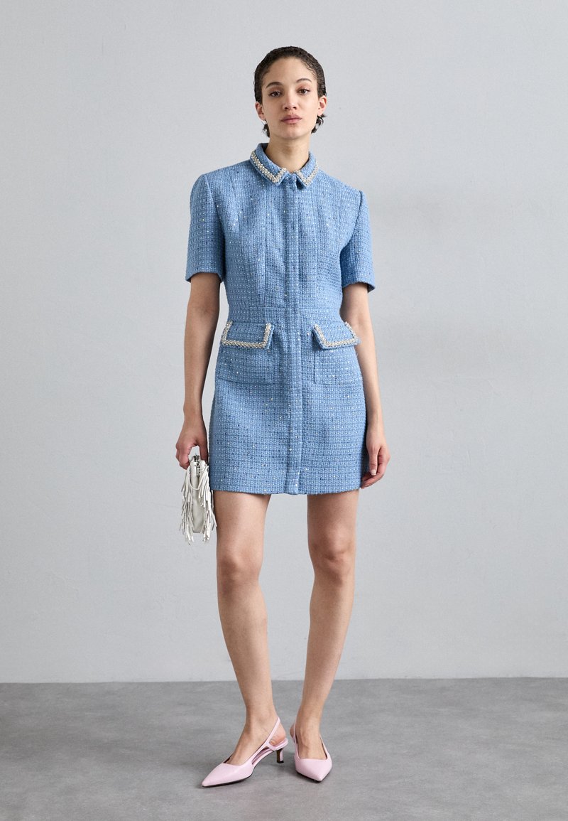 maje denim shirt dress Maje Women's cotton Short denim dress with brooch for Fall/Winter, size Extra Small, in color Navy / Blue