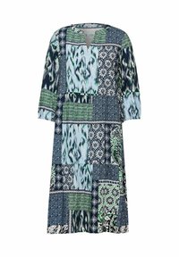 Vestido de manga tres cuartos con un diseño de patchwork en navy, verde y azul claro, con varios patrones geométricos y florales.