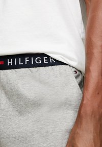 Grijze sweatpants met een gestructureerde afwerking en een donkere tailleband met "HILFIGER" in witte letters en een rode en witte logo-accent.