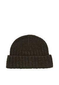 Ciemnobrązowa dzianinowa czapka typu beanie z prążkowaną fakturą i podwiniętym mankietem. Charakteryzuje się prostym, miękkim designem idealnym na zimną pogodę.