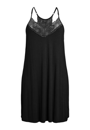 Black dress with thin straps, featuring a lace panel at the bust. Soft fabric, loose fit, and rounded hemline. Simple and minimal design.
