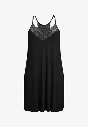 Black dress with thin straps, featuring a lace panel at the bust. Soft fabric, loose fit, and rounded hemline. Simple and minimal design.