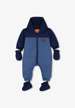 Combinaison de neige bébé une pièce bleu et marine avec capuche, moufles attachées, chaussons et fermeture éclair sur le devant.