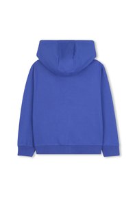 Sweat à capuche bleu avec une grande capuche, des poignets et une ceinture côtelés. Fabriqué en coton doux, doté d'une texture lisse et sans logos visibles.