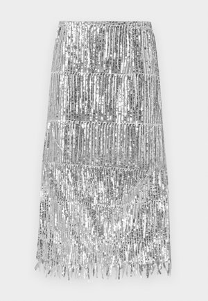 Gonna argentata con paillettes e dettagli a frange verticali, dotata di una vita elastica e di un design corto e aderente.