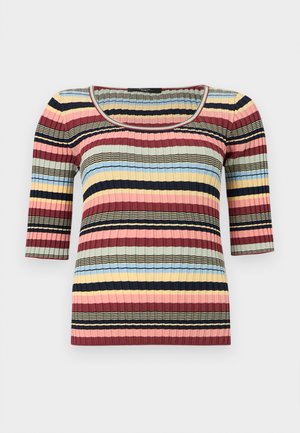 Haut ajusté en maille côtelée avec manches aux coudes, encolure arrondie et rayures horizontales bleu marine, rose, jaune, bleu et beige.