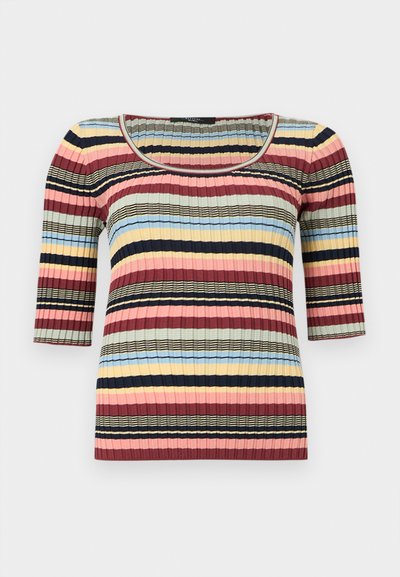 Εφαρμοστό πλεκτό τοπ με ριμπ ύφανση, μανίκια μέχρι τον αγκώνα, λαιμόκοψη στρογγυλή και οριζόντιες ρίγες σε ναυτικό μπλε, ροζ, κίτρινο, μπλε και μπεζ.