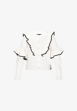 Weißer gestrickter Cardigan mit schwarzen Rüschendetails an den Schultern und Ärmeln, Knopfverschluss vorne und gerippten Bündchen.