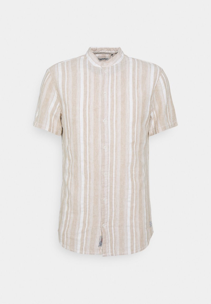 Camisa de manga corta hecha de lino, con rayas alternas en beige y blanco, cuello mandarín y cierre frontal con botones.