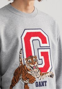 Sudadera gris con una gran letra "G" bordada en rojo y blanco, y un diseño de tigre animado bordado en tonos de naranja y marrón.