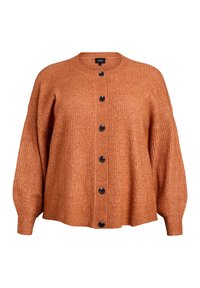Rostfärgad stickad cardigan med ribbad textur, rund halsringning och sex svarta knappar framtill. Löst sittande med långa ärmar.