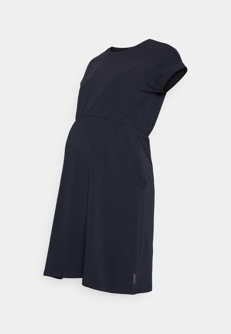 Vestido de maternidade azul-marinho feito de tecido macio, com decote redondo, mangas curtas, cintura império e bolsos laterais.