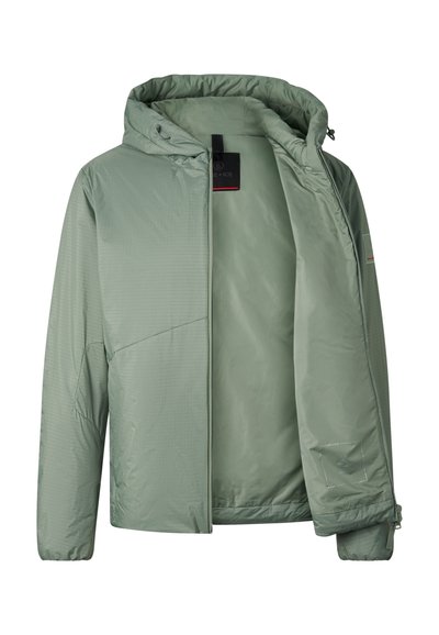 Light green hooded jacket with front zipper open, showing smooth inner lining and brand label inside collar.