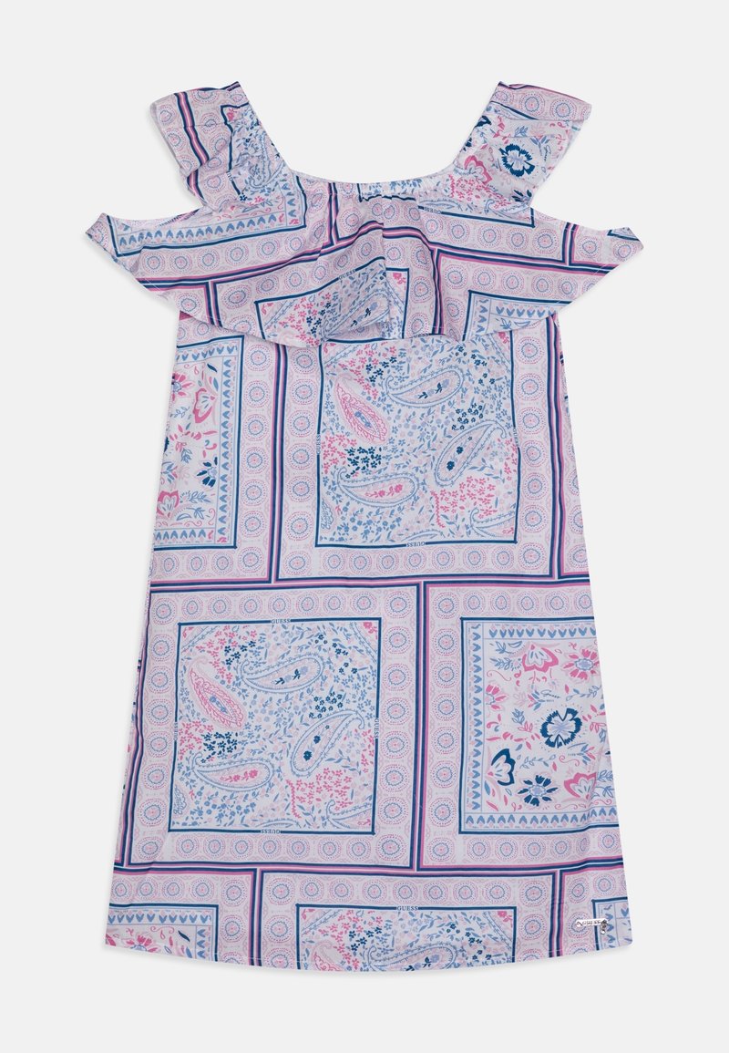Robe épaules dénudées avec manches à volants, à motif patchwork floral et cachemire rose pastel, bleu et blanc.