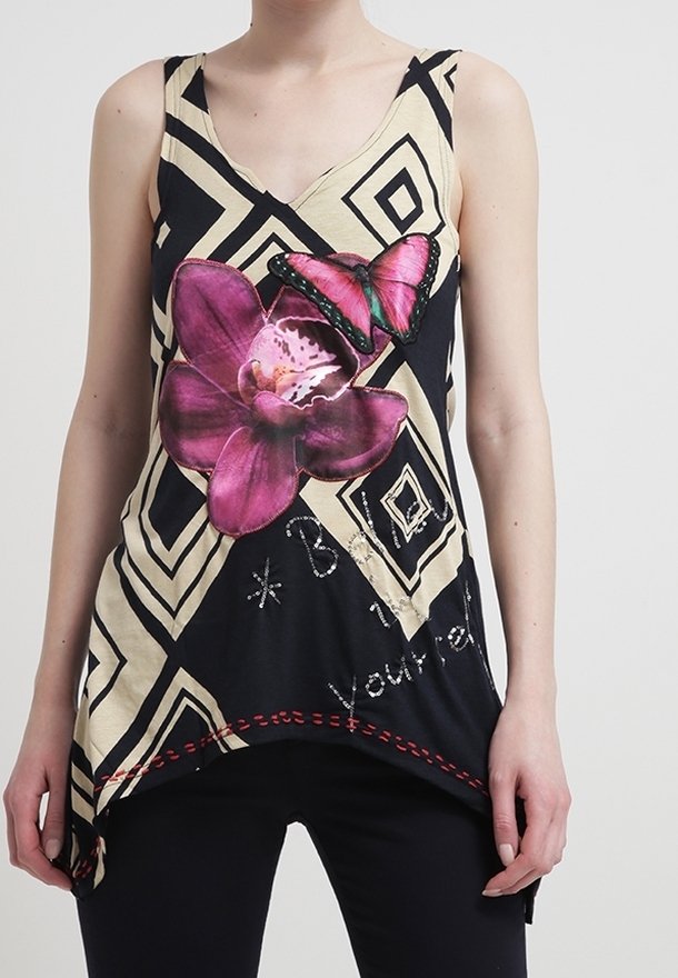 Black and cream sleeveless tank top featuring a large pink orchid and butterfly graphic, geometric patterns, and decorative stitching at the hem.