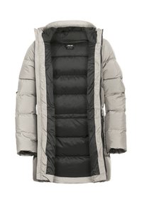 Lichtgrijze geïsoleerde pufferjack met een zwarte binnenkant. Voorzien van een rits, een capuchon en een gestikt ontwerp met dikke vulling.