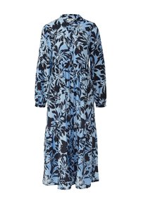 Abito a maniche lunghe di colore azzurro chiaro con stampa floreale blu scuro, dotato di colletto, vita arricciata e gonna ampia e fluente.
