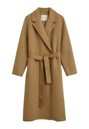 Brown wool blend coat with a long design, notch lapels, a tie belt at the waist, and long sleeves. Smooth texture with a soft finish.