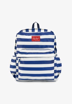 Mornarsko modra in bela prugaasta nahrbtnik pravokotne oblike, z sprednjim žepom in ročajem na vrhu. Detajli z logotipom.