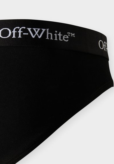 Sous-vêtements noirs avec une large ceinture noire arborant le logo blanc "Off-White™" et le symbole de marque déposée.