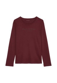 Top a maniche lunghe di colore bordeaux realizzato in tessuto morbido, con scollo rotondo e una discreta stampa del logo al centro. Texture liscia con un design semplice.