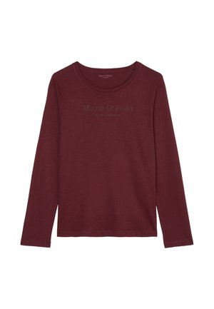 Långärmad, bordeauxfärgad topp i mjukt tyg, med en rund hals och subtilt logotryck i mitten. Slät textur med enkel design.