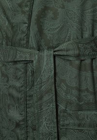 Tessuto verde con motivo paisley, dalla superficie liscia, dotato di una cintura annodata e dettagli intricati lungo tutto il design.