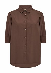 Chemise marron à boutons avec un col, des manches trois-quarts et une texture lisse. Présente un ourlet droit et des accents de boutons assortis.